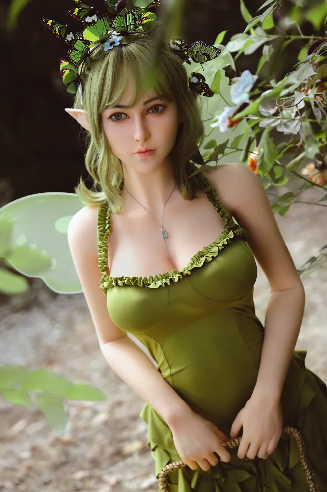 160cm (5ft3) C-Cup Silicone Head Enchanted Forest Elf-Ears Green Fairy Silicone Head + TPE Body Hybrid Sex Doll Lyra, Head #S19